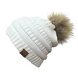 BYSUMMER C.C Soft Stretch Cable Knit Faux Fur Pom Pom Beanie Hat (Ivory)