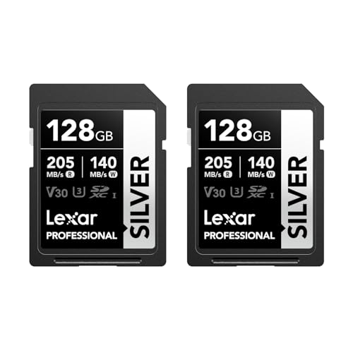 Lexar Silver SD Karte 128GB 2-Pack, UHS-I SDXC Card 205 MB/s Read Speed, 140 MB/s Write Speed, V30, U3, C10, 4K UHD Video, SD Card Memory Card with Le