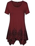 Summer Tops For Women Short Sleeve,Laksmi Asymmetrical Hem A Line Printed Casual Flow Tunic Shirts,Wine Large