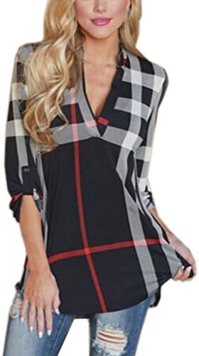 Akery Women's 3/4 Sleeve Casual Plaid Shirt Blouse Tops