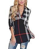 Akery Women's 3/4 Sleeve Casual Plaid Shirt Blouse Tops