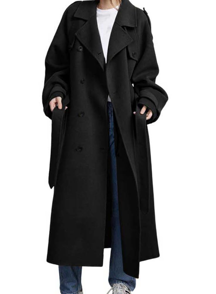 Photo 1 of chouyatou Women's Winter Double Breasted Wool Coat Long Sleeve Notch Lapel Midi Long Winter Trench Coat with Belt (Medium, Black)