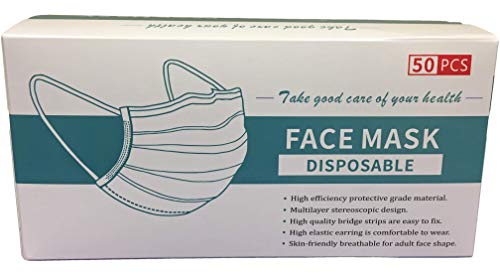 3-Ply Disposabl Face Mask with Elastic Earloop for Dust, Particles, Pollution (50, Blue)