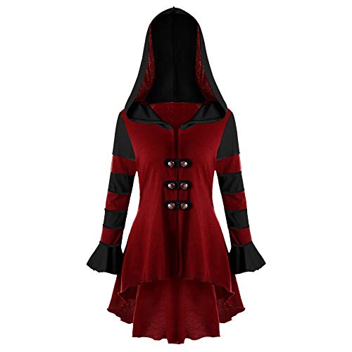 Women Tunic High Low Hooded Long Sleeve Corset Double Breasted Coat Blouse (Wine, XL/US:12.0)
