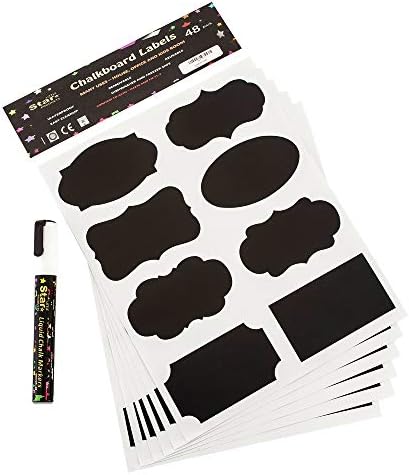 48 Chalkboard Labels Kit with 6mm WHITE Liquid Chalk Marker Pen 8g, Different 8 Designs VINYL STICKERS Label Bundle Waterproof Dishwasher Safe Erasable Self-Adhesive Reusable & Strong perfect for Jam Jars Wine Storage & Organize – Home Office Nursery School & Wedding