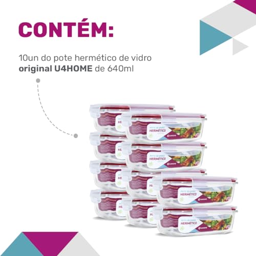 Conjunto 10 Potes Vidro Hermético Marmita Mantimento 640ml (Vermelho)