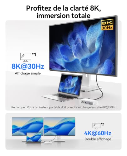 ORICO Station d'accueil 11 en 1 avec boîtier SSD M.2 NVMe/SATA de 8 To, station d'accueil pour ordinateur portable, 2 moniteurs avec HDMI, 1 DP 8K @ 30 Hz, 2 USB-A/C 10 Gbps, SD/TF, 100 W PD, 1 Gbit/s