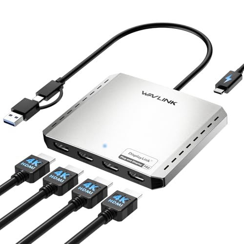 WAVLINK USB 3.0 Extended Display USB C to Quad HDMI Splitter for Four Monitors with 85W PD, Displaylink 4 HDMI 4K to 60Hz Adapter for Mac M1/M2/M3/M4 or Windows,Compatible with New MacBook Neo