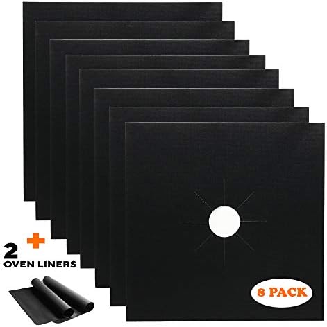 Stove Burner Covers- 8pcs Black Gas Range Stove Protectors Bundle with 2 pcs Oven/Grill Liner- 0.2mm Thickness, Reuseable, Non-stick, Easy Cleaning for Stove Top Liner, Heat Resistant, FDA Approved