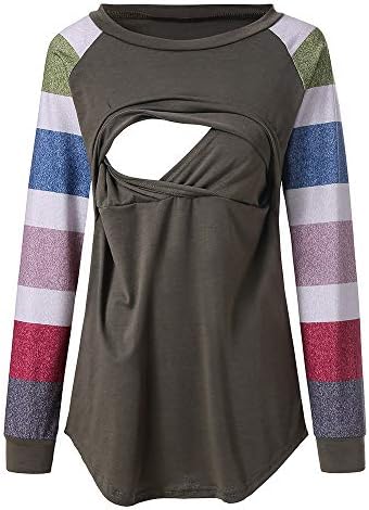 Doublelift Womens Maternity Nursing Shirts Patchwork Stripe Breastfeeding Tunic Tops