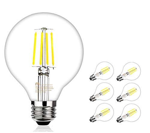 Mastery Mart Dimmable Vintage LED Globe Light Bulb, G25 Glass Edison Style, 5.5W (75 Watt Equivalent), 4000K Cool White, E26 Decorative Filament Bulb, Bathroom& Vanity Mirror, UL, Energy Star, 6 Pack