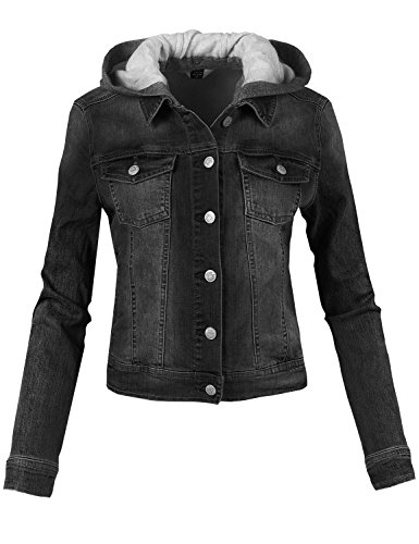 Casual Soft Shell Stretch Detachable Hoodie Denim Washed Jacket Black Wash L