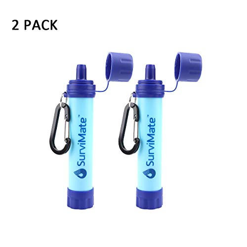 SurviMate Portable Water Filter Straw Survival Kit Emergency Camping 2-Stage Integrated Camping Hiking Travel Water Filter (Blue, 2-Pack)