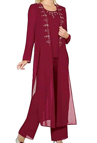 Fitty Lell Women's Burgundy Chiffon 3-Pieces Mother of Bride Pant Suit ...