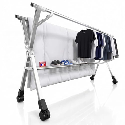 Kiseely Séchoir à Linge Pliable 240 cm intérieur extérieur, séchoir à vêtements en Acier Inoxydable résistant, Porte-vêtements avec 20 Crochets Coupe-Vent et 12 Pinces (240cm)