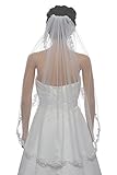 1T 1 Tier Flower Scallop Embroided Lace Pearl Veil Fingertip Length 36