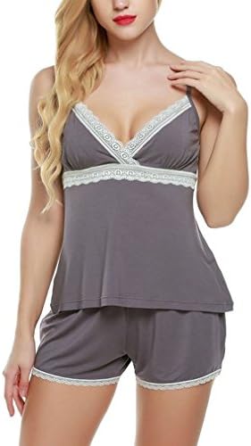 Nacy Women's Camisole Lace Satin Pajama Set with Shorts (XS, Gray)