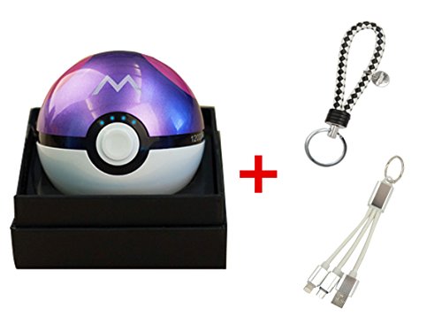 Pokemon Go Master Ball 12000mAh Power Bank USB Dual Battery Poke Ball Travel Portable Charger With LED Light , Keychain and 2 in 1 Multiple USB Charging Cable for IOS and Android Devices