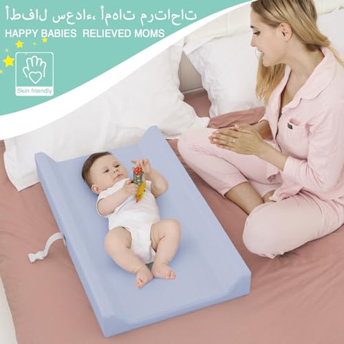 Baby Changing Pad, PU Waterproof Diaper Changing Mat with Safety Strap, وسادة تغيير حفاضات الأطفال Portable Diaper Changing Pad, Breathable Contoured Changing Table Pads for Infant, 31.25"X16", Blue