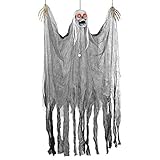 Halloween Haunters Animated Hanging Scary Shaking Skull Reaper Door or Wall Curtain Prop Decoration - Red LED Flashing Eyes - Battery Operated
