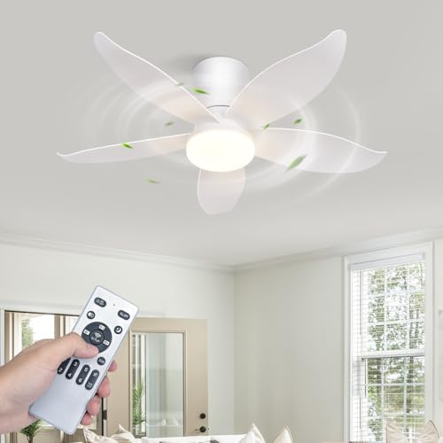 Homefire Ventilador de techo luz - Ventilador de techo silencioso con luz, 5 aspas, blanco, brillo ajustable, 6 velocidades