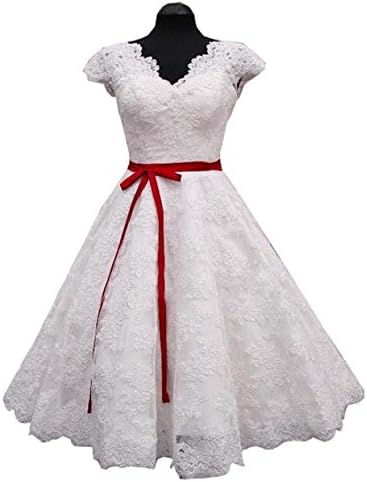Datangep Women's V-neck Lace A-line Tea-Length Ruched Wedding Gown with Red Sash White US16