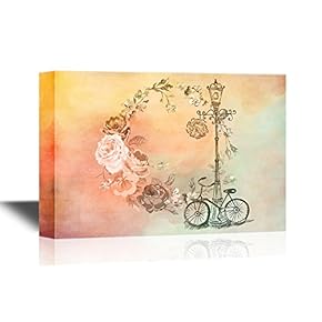 Canvas Wall Art - A Bicycle by The Lamp Post with Flowers - Gallery Wrap Modern Home Art | Ready to Hang - 12x18 inches