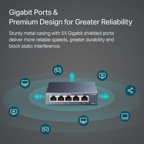 TP-Link TL-SG105 5-Ports Gigabit Netzwerk Switch (bis 2000 MBit/s im Vollduplexmodus, geschirmte RJ-45 Ports, Metallgehäuse, optimiert Datenverkehr, IGMP-Snooping, unmanaged, lüfterlos) blau metallic thumbnail 2