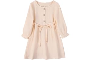 GLIGLITTR Toddler Baby Girl Cotton Linen Dress Long Sleeve Crew Neck Dresses Button Down Dresses Casual Spring Fall Dress