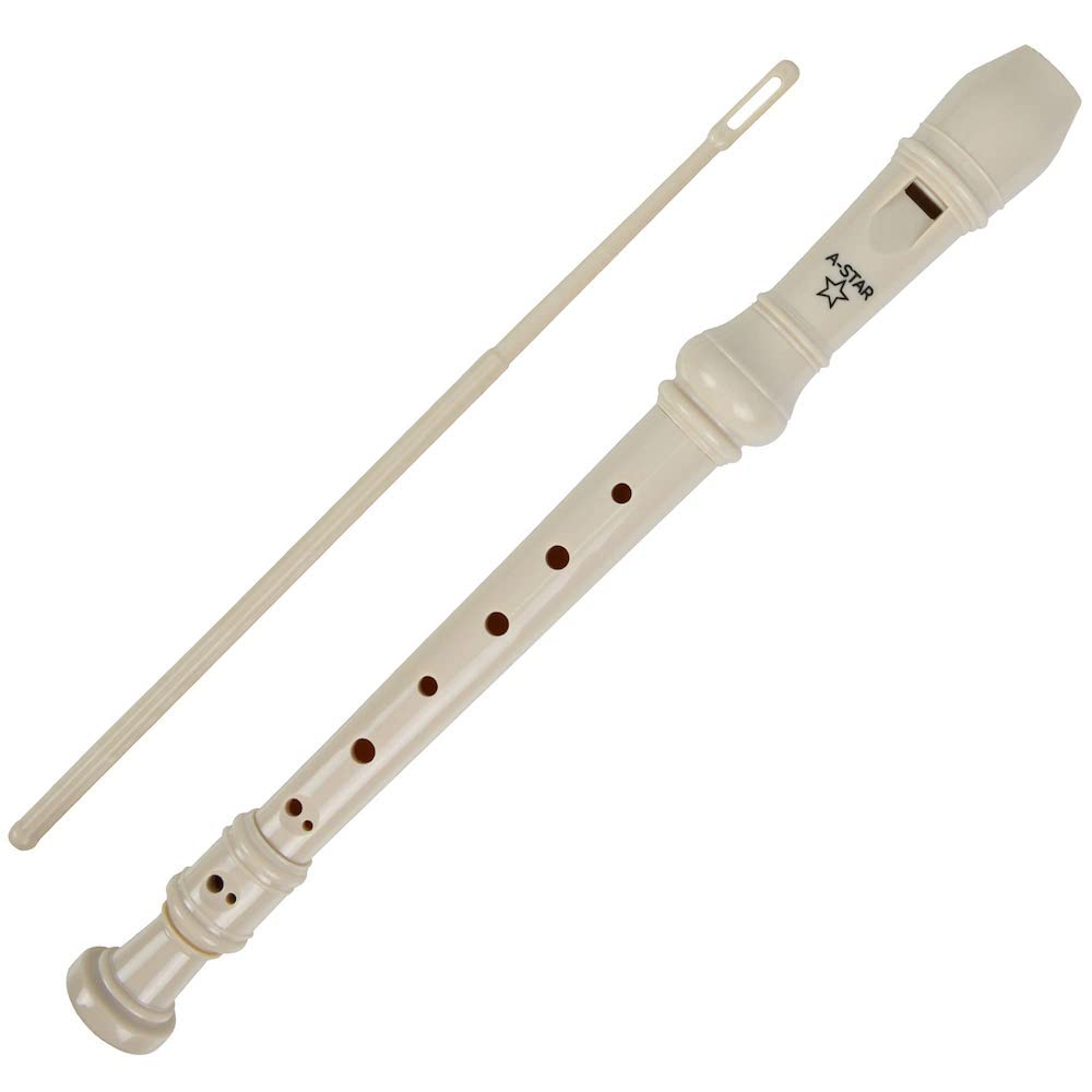 A-Star Soprano/Descant School Recorder Instrument, English/Baroque Fingering - Key of C with Learning Chart, Bag, Cleaning Rod - Beige