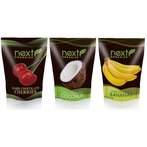 Next Organics Dark Chocolate Fruit Variety Pack (4 oz Cherry, Coconut, Banana) (Pack of 3)