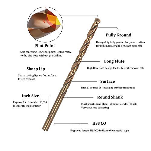 Migiwata M35 Cobalt Steel Fractional 11/64" Dia. x 3.26" Long Twist Drill Bit Set of 10pcs, Jobber Length and Round Shank, Self-centering 135Â° Split Point, Extremely Heat Resistant, for Metalworking