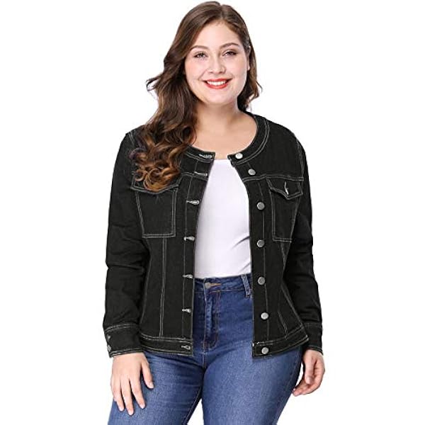 plus size collarless denim jacket