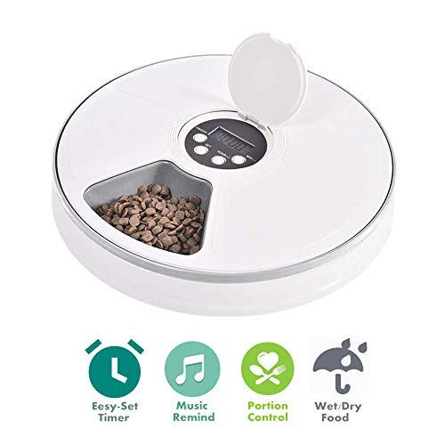6-Meal Automatic Pet Feeder for Cats Dogs and Rabbits,Music Reminder and Interval Based Timer with LCD Display, for Dry or Semi-Moist Puppy Kitten Bunny Food