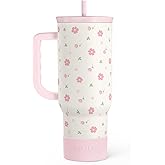 SANDJEST Floral 40oz Tumbler with Handle and Straw – Flowers Insulated Stainless Steel Travel Coffee Mug for Women Girls - Gift Idea for Birthday Christmas Mothers Day