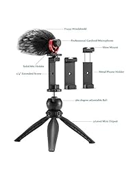 FULAIM Micrófono de video para teléfono inteligente con soporte antichoque Soporte para teléfono Trípode Compatible con iPhone Samsung, etc. Móviles y cámara DSLR para YouTube Vlogging Livestream Audio Video Grabación