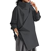 Women's Mock Turtleneck Oversized Tops Long Sleeve High Neck Loose Asymmetrical Slit Blouses Shirts Minimalist