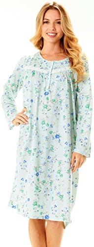 Women Long Sleeve Smocking Crew Neck Floral Print Super Soft Casual Night Gown Pajama Sleepwear (2X, Green-649)
