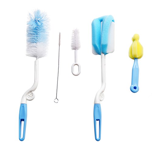 OrliverHL 5Pcs Baby Bottle Cleaning Brush Set Rotary Sponge & Nylon Bristle Baby Bottle Brushes,Blue