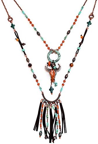 Treska Santa Fe Style Long Necklace with Cow Skull