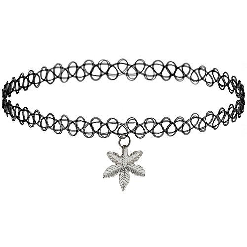 Girlprops Tattoo Choker Necklace, Cannabis, Marijuana, Popular in the 80S 90S, in Black with Silver Tone Finish
