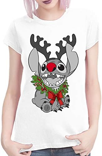 Disney Christmas Stitch from Lilo and Stitch - Ladies White Tee Shirt
