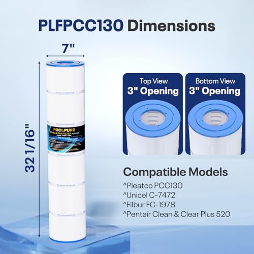 POOLPURE CCP520 Pool Filter Replaces Pentair Clean and Clear Plus 520, CCP520, R173578, 178585, PCC130, Ultral-A7, Unicel C-7472, Filbur FC-1978, FC-6475, 817-0131, L x OD: 32 1/16"x7"