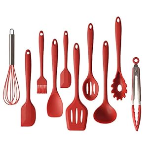 Juego De Utensilios De Cocina De Silicona, 10 Piezas De Utensilios De Cocina De Silicona Antiadherentes Y Antiadherentes Con Un Sólido Kit De Herramientas De Cocina De Barbacoa De Núcleo(Rojo)