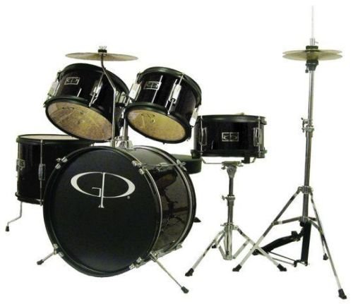 GP Percussion Deluxe GP55 5-Piece Kid's Drum Set Bundle with Drum Sticks, Drum Key, and Polishing Cloth - Black