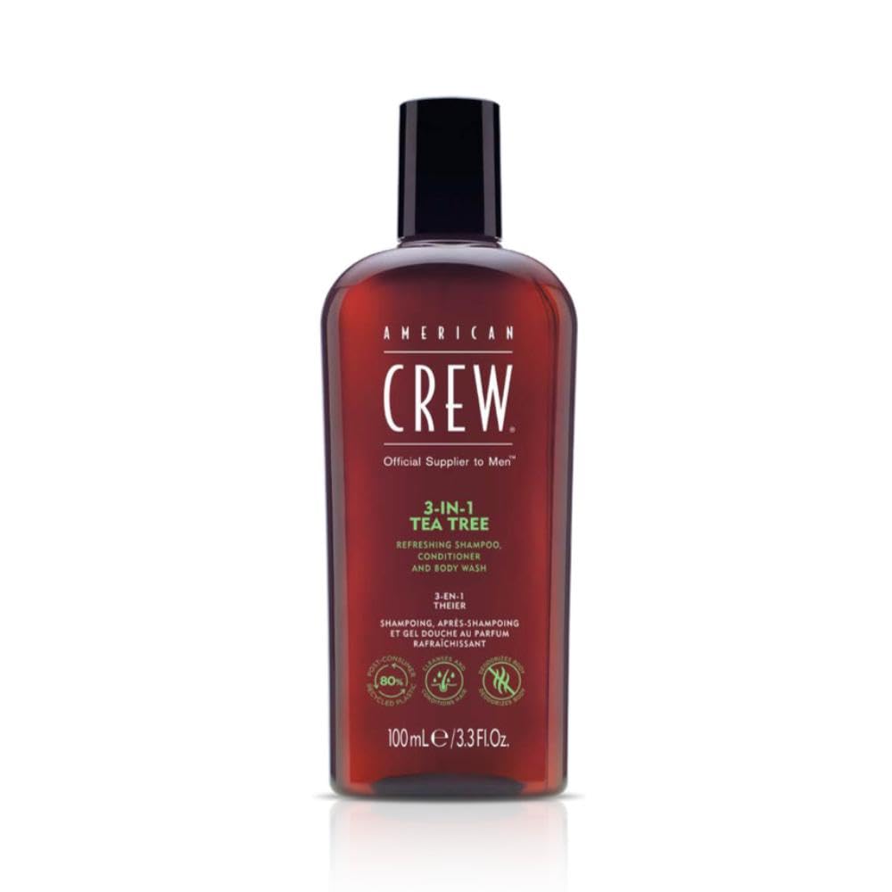 AMERICAN CREW - 3-in-1 Tea Tree Shampoo, Conditioner & Body Wash, 100 ml, Care Shampoo and Shower Gel for Men, Product for Daily Cleansing of Body and Hair