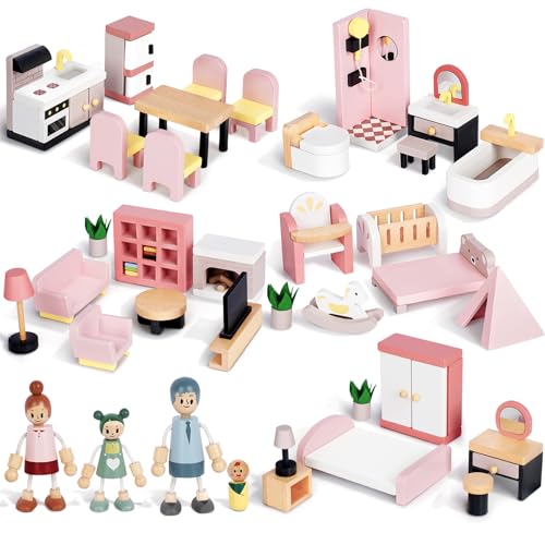 Wooden Dollhouse Furniture Set with 4 Family Dolls, 36 Pcs Sanlebi Doll House Accessories and Furniture, Miniature Furniture Including 5 Room Kits, Pretend Play Toy Gift for Boys Girls Toddler 3+