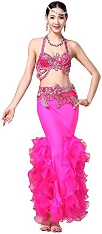 GUILTY BEAUTY Belly Dance Costume,Beaded Top Bra,Belt and Scallop Wrinkle Skirt 3pcs