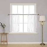 Deconovo White Sheer Curtains Striped Foil Print Panels Linen Look Rod Pocket Voile Curtains for Living Room 29x36 Inch 2 Curtain Panels