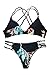 SEASELFIE Women's Black Leaves Printing Cross Padding Bikini Set Beach Swimwear Medium